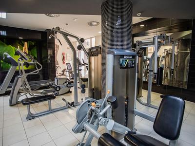 Modern gym room with various workout machines and mirrors on the wall.