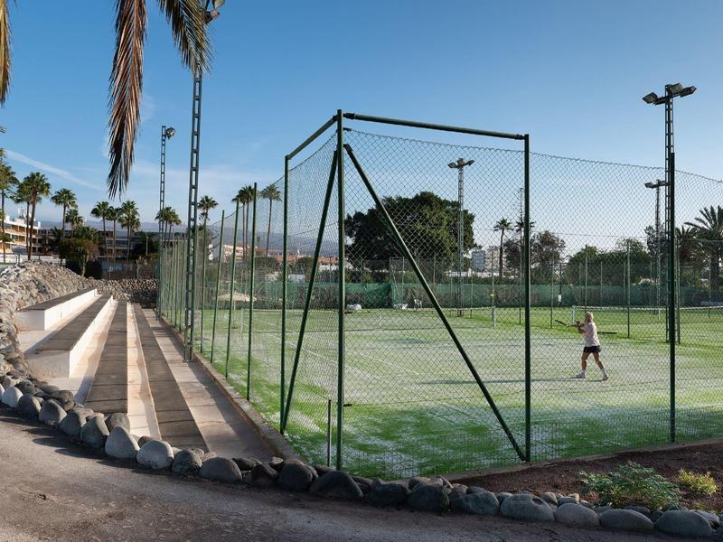 Tennisplatz im Freien mit Sitzstufen und Palmen, sonniger Tag.