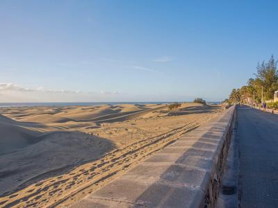 Paden naast een zandduin en een muur bij een zandstrand aan zee.