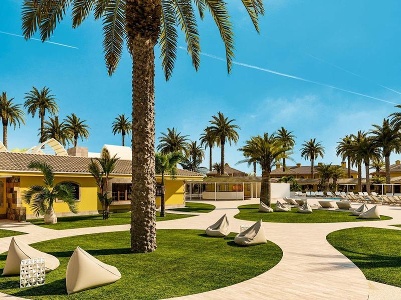 Giardino dell'hotel moderno con palme, prati verdi e sedute esterne.