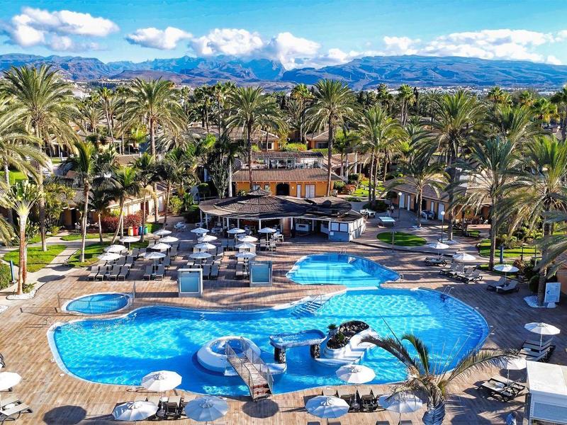 Grande piscina di lusso circondata da palme con lettini sotto un cielo azzurro.