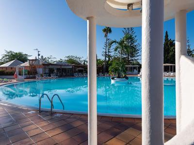 Oval geformter Pool mit rötlichen Fliesen, Palmen und Gebäuden im Hintergrund bei klarem Himmel.