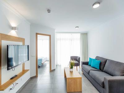 Salon moderne avec canapé gris, télévision à écran plat et grande fenêtre.