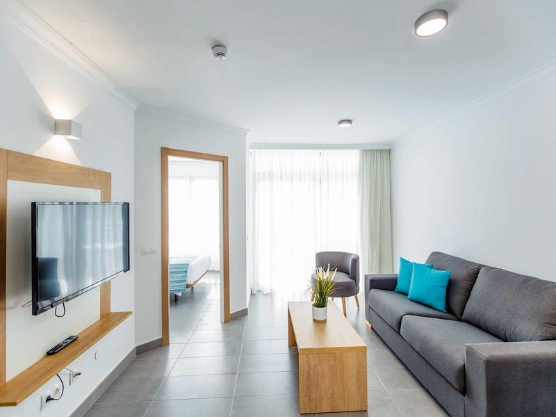 Salon moderne avec canapé gris, télévision à écran plat et grande fenêtre.