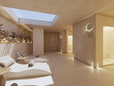 Modern spa relaxation room with lounge chairs, plants, and soothing lighting.