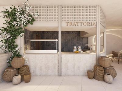 Rustieke trattoria met rieten manden en houten planten in een lichte, minimalistische ruimte.