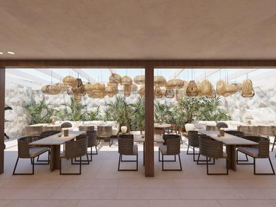 Modern restaurant met houten tafels, stoelen en decoratieve hangplanten bij de ramen.