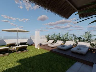 Dakterras met ligstoelen, parasol, groene planten en uitzicht op blauwe lucht.