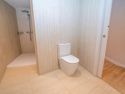 Jasna łazienka z toaletą i prysznicem na poziomie podłogi, jasne drewno i podłoga z płytek.