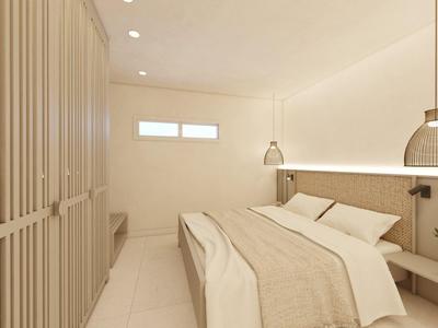 Modern ingerichte slaapkamer met tweepersoonsbed, kasten en minimalistische decoratie.