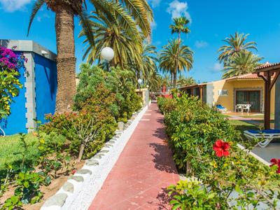 Camino rodeado de arbustos en flor y palmeras, edificios coloridos bajo cielo despejado