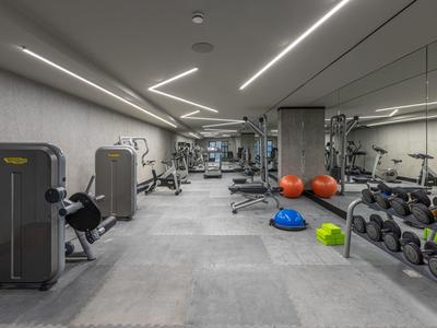 Moderner Fitnessraum mit grauem Boden, Spiegelwand, Geräten, Hanteln und bunten Trainingsbällen.