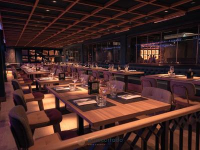 Modernes Restaurant mit warmem Licht, Holz- und Stoffmöbeln, elegant gedeckten Tischen und gemütlicher Atmosphäre.