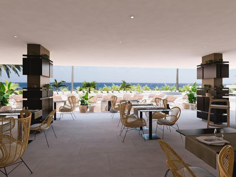 Lounge abierta con vistas a la playa, muebles modernos y plantas junto al mar.