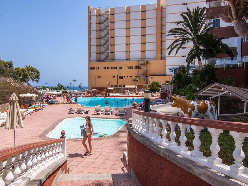 Obszar basenu hotelowego z gośćmi, parasolami i palmami pod czystym niebem.