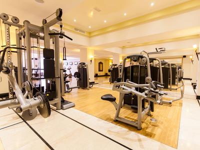 Moderner Fitnessraum mit verschiedenen Krafttrainingsgeräten und hellem Holzboden.