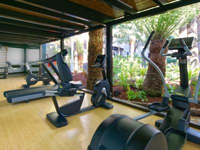 Fitnessraum mit verschiedenen Trainingsgeräten, Holzbalken an der Decke, Fenster mit Gartenblick.