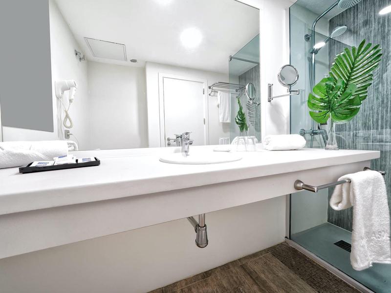 Salle de bain moderne avec plan de travail blanc, lavabo, douche en verre et plante verte.
