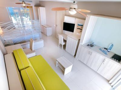 Intérieur lumineux d'un studio avec canapé vert, lit, TV et accès à un balcon.