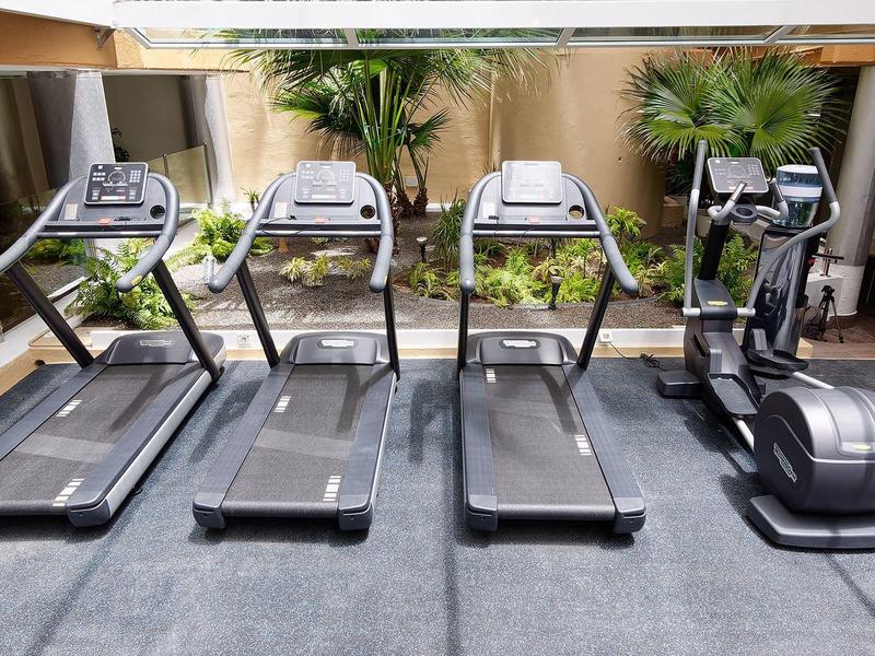 Quatre appareils de fitness dans une salle donnant sur un jardin verdoyant, lumière naturelle.