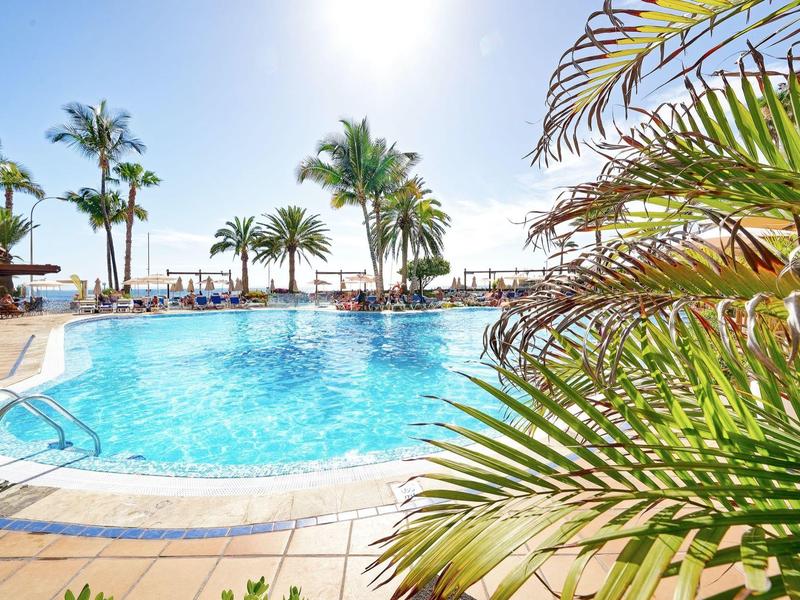 Piscine extérieure entourée de palmiers sous un ciel ensoleillé au bord de la mer.