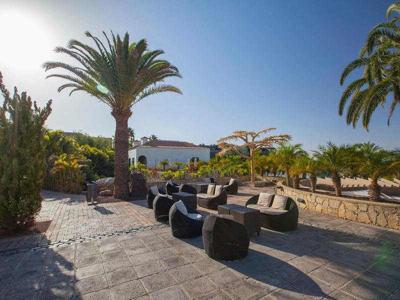 Terraza soleada del hotel con palmeras, asientos y primera vista al mar.