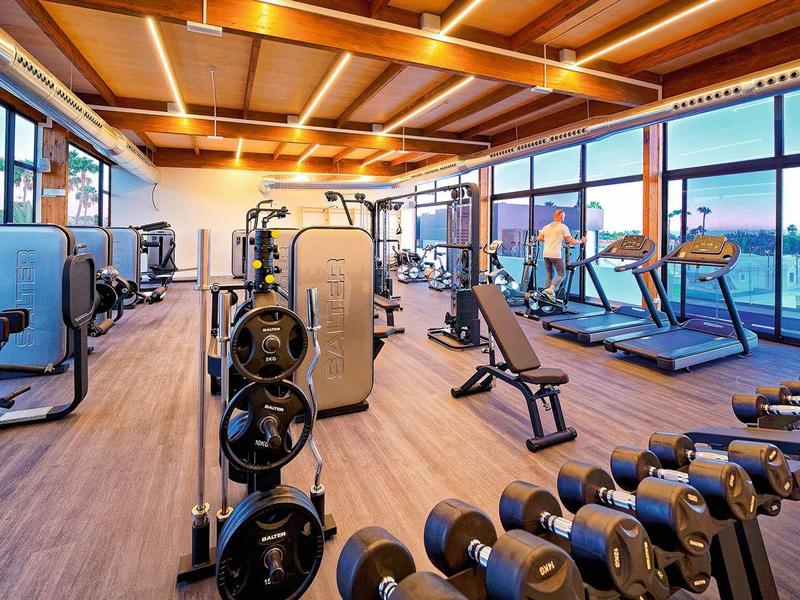 Großer Fitnessraum mit Holzdecke, vielen Fenstern, Hanteln und modernen Trainingsgeräten.