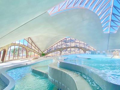 Basen kryty z zakrzywioną architekturą i dużymi szklanymi oknami wpuszczającymi światło naturalne