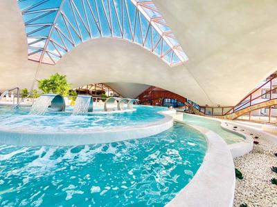 Basen kryty z zakrzywionym dachem, czystą wodą i roślinami przy basenie pod świetlikami.