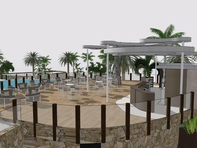 Tropikalny basen na zewnątrz z leżakami, palmami i zacienionym pawilonem przy oceanie.