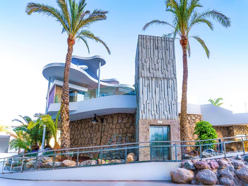 Nowoczesne wejście do lobby hotelowego z kamiennymi ścianami, szklanymi drzwiami i palmami.