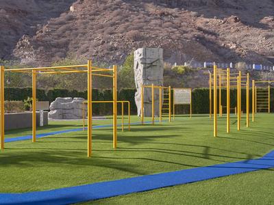 An outdoor fitness area with yellow pull-up bars on green grass in front of rocky mountains.