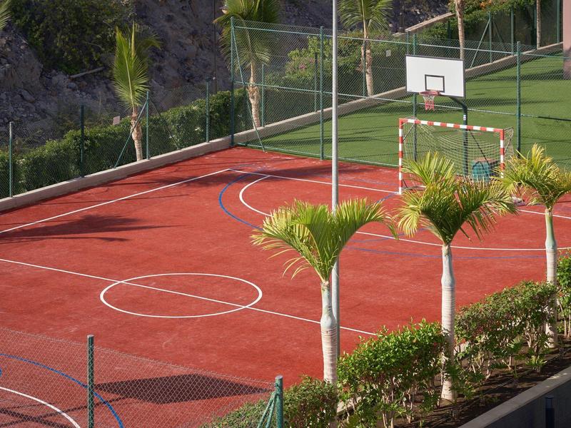 Cancha deportiva al aire libre con superficie roja, rodeada de palmeras y cerca verde.