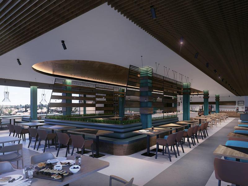 Restaurant moderne avec de nombreuses tables et de grandes fenêtres laissant entrer la lumière du jour.