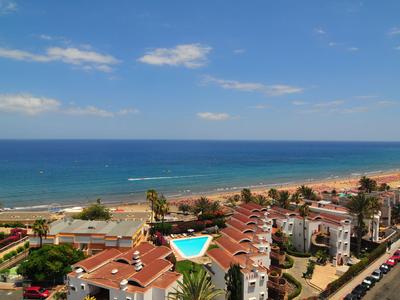 Vista aérea de un hotel junto al mar con piscina y una larga playa bajo un cielo azul.