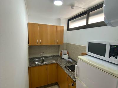 Pequeña cocina con nevera, microondas, fregadero y armarios de madera en un espacio estrecho.