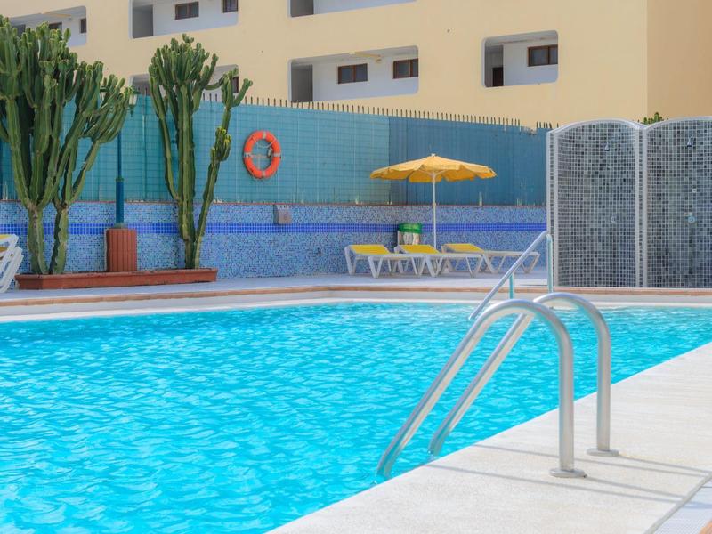 Piscina azul libre con escalera de metal junto a sombrillas amarillas y grandes plantas verdes en la pared.