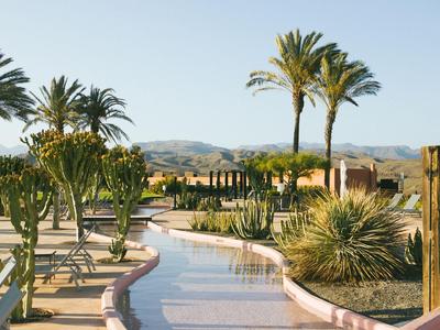 Canal d'eau avec des palmiers et plantes arides dans un paysage désertique avec des montagnes