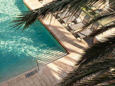 Vue d'une piscine avec de l'eau turquoise et des transats, partiellement ombragée par des palmiers.