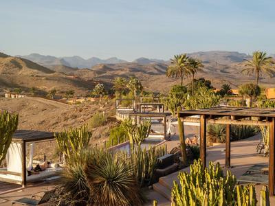 Piscine de luxe avec chaises longues et palmiers dans un paysage désertique montagneux.