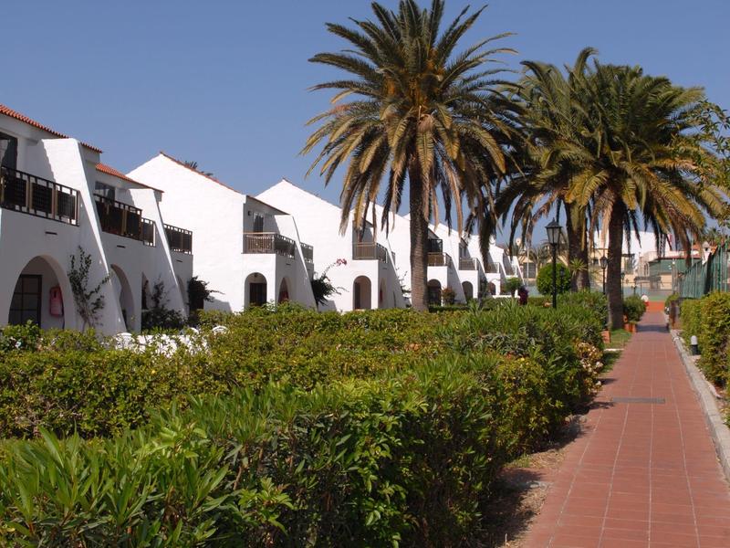 Witte vakantiehuizen langs een geplaveid pad met palmbomen en groene struiken