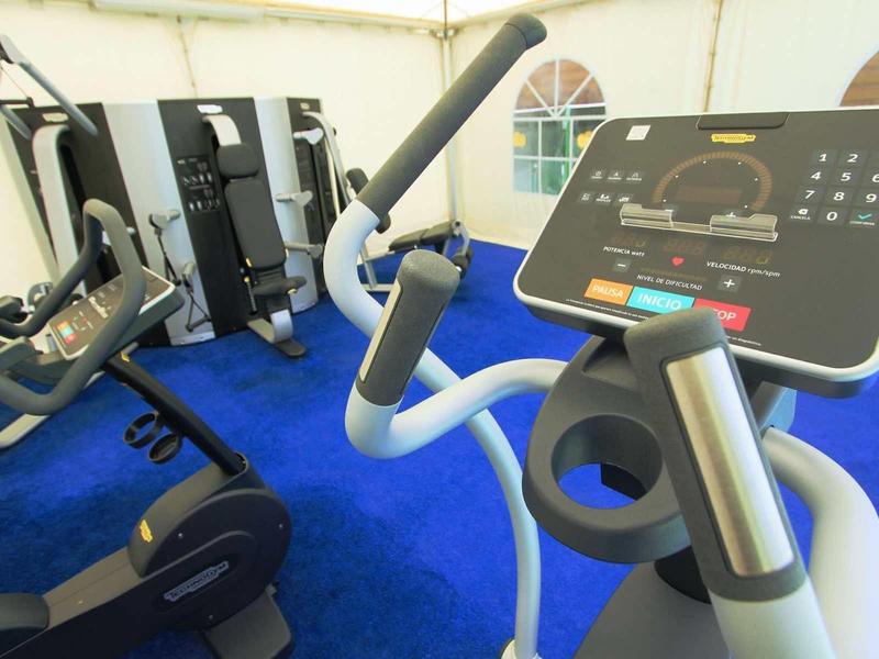 Modern gym room with multiple exercise machines on blue carpet flooring.