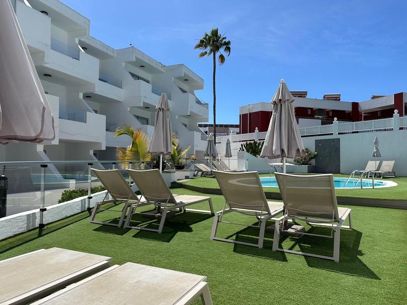 Moderner Poolbereich mit Liegestühlen, Sonnenschirmen und Palmen vor weißen Gebäuden unter blauem Himmel.