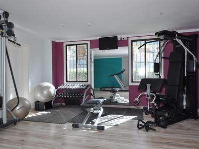 Moderner Fitnessraum mit Kraft- und Cardiogeräten, großen Fenstern und lila Wänden.