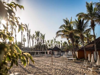 Strand mit Palmen, Sonnenschirmen und Strandliegen bei Sonnenuntergang.