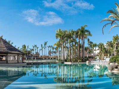 Großer Hotelpool mit Palmen und Sonnenterrasse unter hellem blauem Himmel.