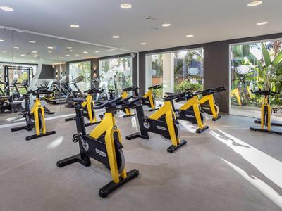 Heller Fitnessraum mit mehreren gelben Spinning-Rädern und großen Fenstern mit Blick ins Freie.