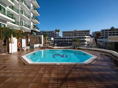 Pequeña piscina exterior en una terraza junto a un edificio de hotel bajo un cielo soleado.