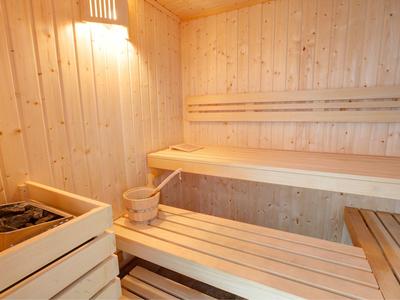 Lichte sauna met houten bekleding, houten banken en een saunakachel met stenen.