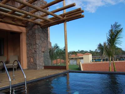 Schwimmbad neben Haus mit Steinfassade, Holzpergola, Metallleiter und Palmen unter blauem Himmel.